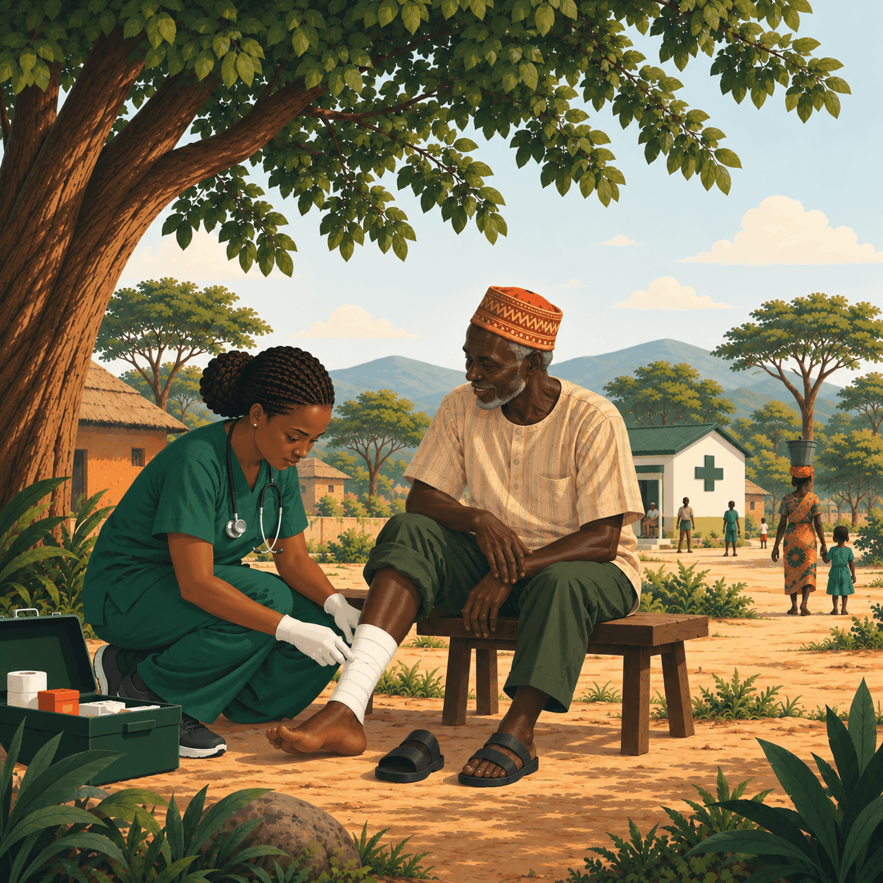 A community health worker treating a snakebite patient's leg under a tree near a rural clinic