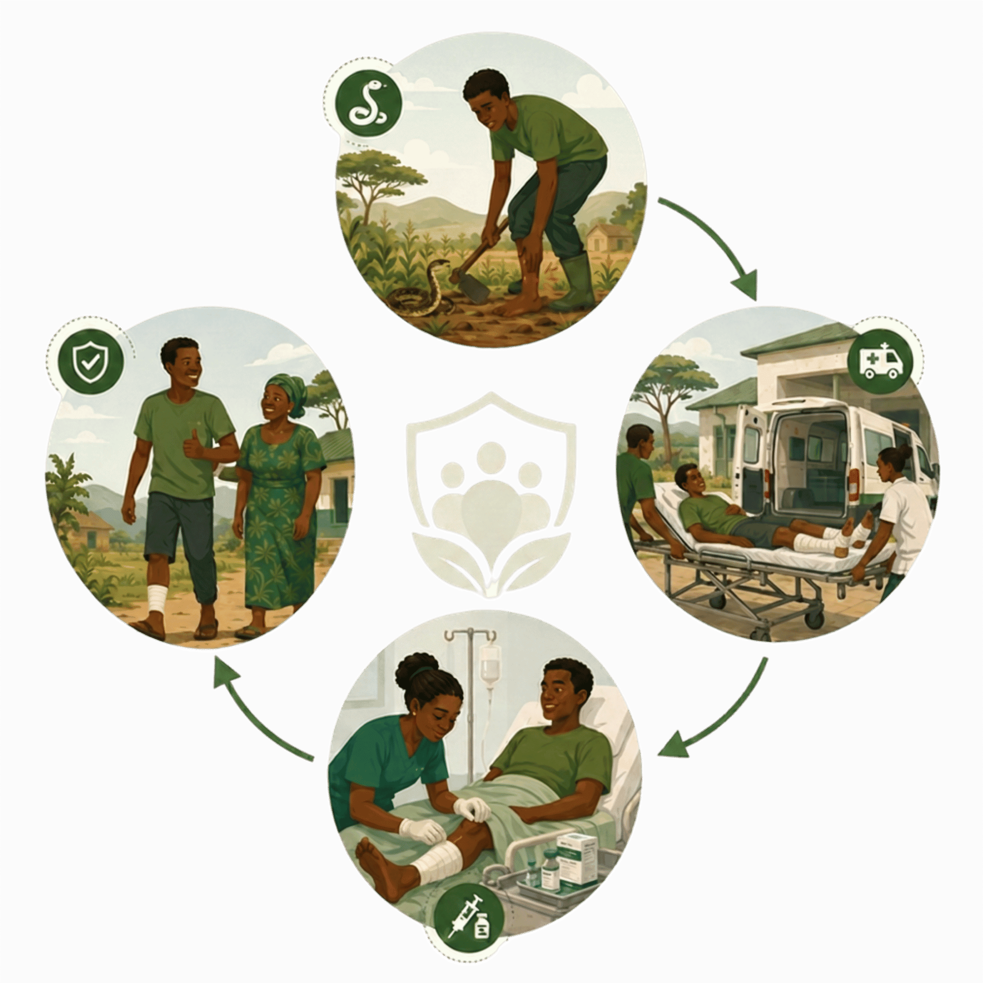 The snakebite care cycle: prevention, first aid, transport, treatment, recovery
